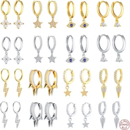 Genuine 925 Sterling Silver Huggie Earrings Bling Zircon Star Eye Rivet Hoop Earring Fine Jewelry For Women Pendientes Plata 925