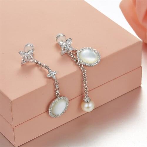 SLJELY 925 Sterling Silver Mother of Pearl Micro Cubic Zirconia Star Drop Earrings for Women Elegant Trendy Brand Design Jewelry