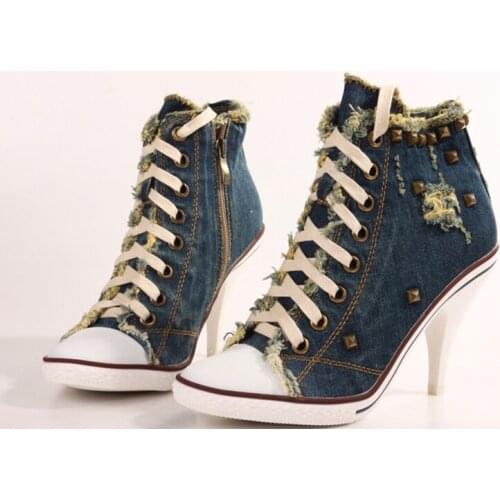 Vintage Dark Blue Women Ankle Boots Cowgirl Denim High Heels Botas feminina Ladies Shoes Studded Botines Mujer 2018 Zapatillas