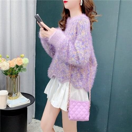 Womens Purple Mink Cashmere Casual Plus Size Kawaii Cropped Pullover Sweater Fall Winter Fashion Simple Harajuku Cute Jumpers