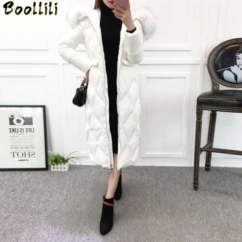 Boollili 2020 White Duck Down Jacket Women Long Winter Coat Hooded Fox Fur Collar Fashion Overcoat Female Puffer Jacket