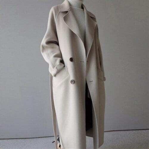 2020 Winter Coat Women Lapel Belt Pocket Wool Blend Coat Oversize Long Trench Coat Outwear Wool Coat Female mujer chaqueta Z588