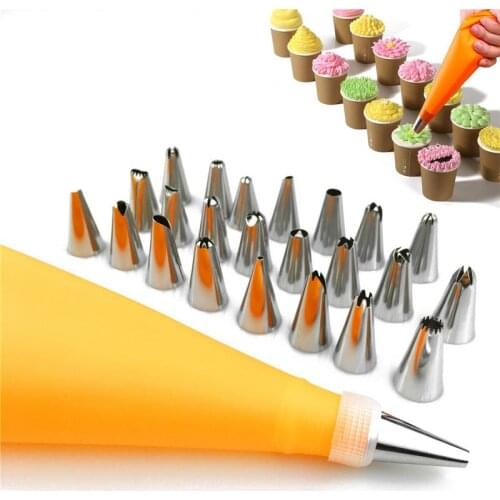 26Pcs/Set Russian Icing Piping Tips Silicone Icing Piping Cream Pastry Bag Stainless Steel Nozzle Set DIY Cake Decorating Tips
