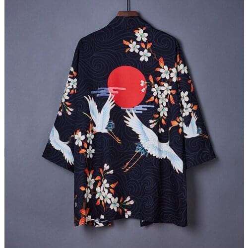 #5050 Summer Jacket Men Black Cardigan Loose Casual Vintage Chinese Style Cardigan Kimono Jacket Outerwear Coat Thin Crane Print
