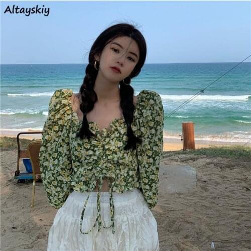 Blouse Women Floral Fashion Summer Shirring Puff Sleeve Lovely Girl Crop Retro Square Collar Elegant Korean Style Holiday Soft