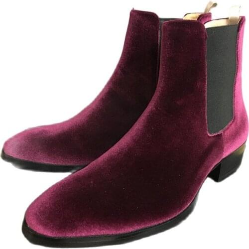 Black& Street Velvet wine Red Slim Fit wedding men Chelsea Boots real picture handmade shoes