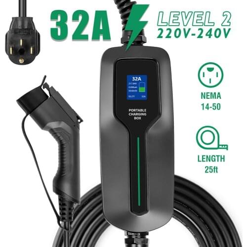 Electric Car Charger SAE J1772 Type 1 Portable EVSE EV Charging Box Cable 7.6M Level 2 32A 7KW NEMA for Electric Vehicle nissan