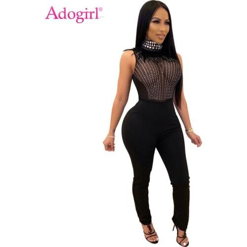 Adogirl 2020 Spring Feather Crystal Diamonds Sheer Mesh Jumpsuit Turtleneck Sleeveless Women Sexy Night Club Romper Overalls