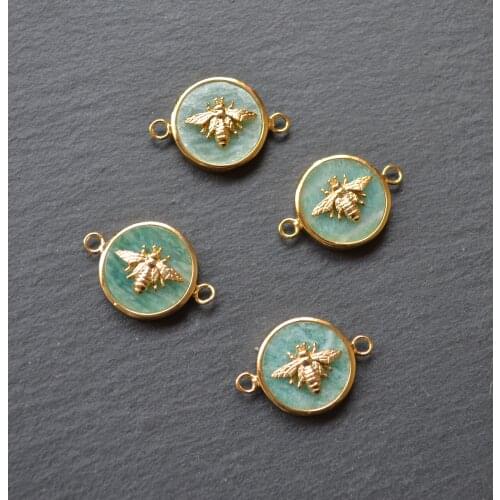 Round Amazonite connector with gold electroplated insect paved, amazonite pendant for jewelry making
