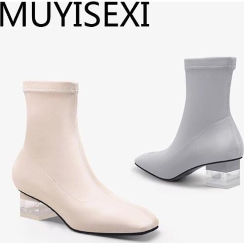 Square toe 4cm med crystal heel fashion elegant slip on basic cozy retro style dailywear career women ankle boots HL274 MUYISEXI
