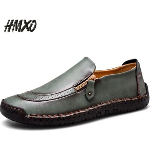 HMXO soft non-slip formal wear business casual mens shoes army green zipper mens leather shoes casual mens leather shoes