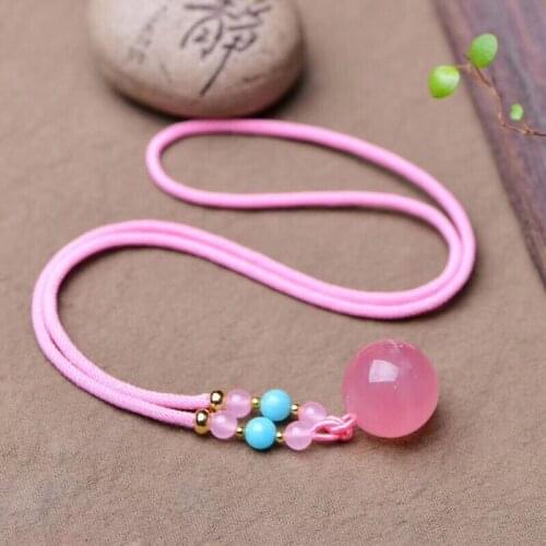 Wholesale Pink Natural Crystal Pendants Carved Ball With Rope chain Necklace Lucky for Women Girl Gift Fashion Simple Jewelry