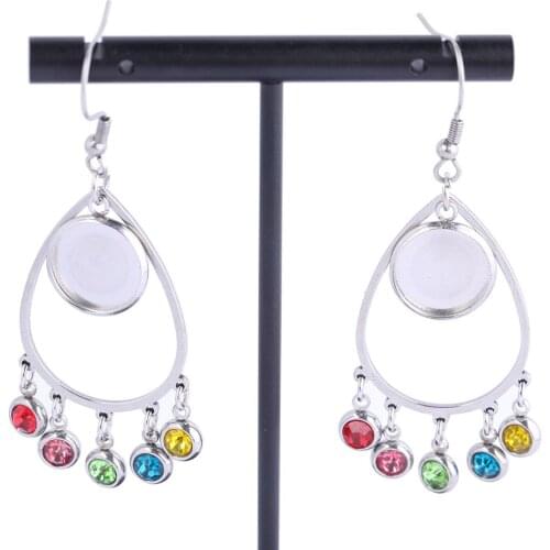 6pcs Stainless Steel Teardrop Earring Base Dangles 12mm Diy Cabochon Earrings Setting Blank Trays With Crystal Rhinetone Charms