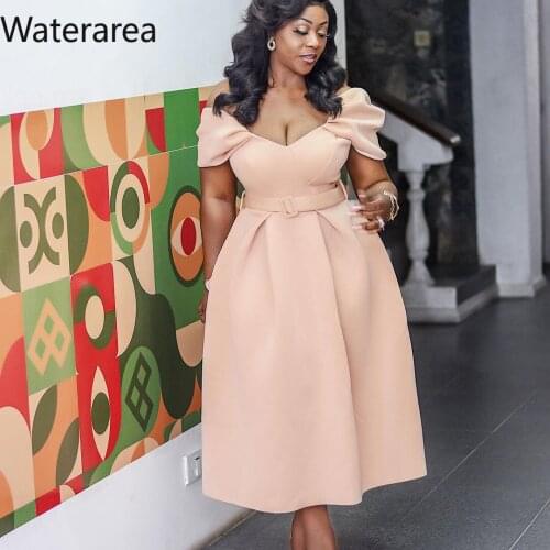 Waterarea Women Dress V-neck Off The Shoulder Belt Solid Midi A-line Dress Elegants Sexy Party Club Swing Loose Famale Vestidos