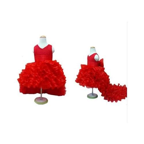 Flower Girl Dresses Red Chiffon Tailing pageant dresses Girl Summer Dresses For Weddings Party Birthday Dress with Big Bow