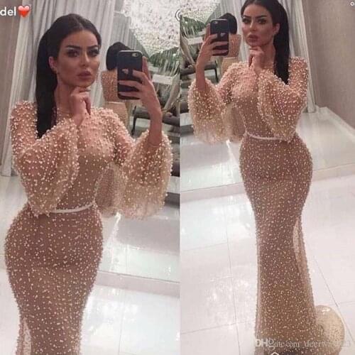Luxury heavy pearls Prom Dress abiti da cerimonia da sera formal long sleeves high quality mermaid evening dresses 2019