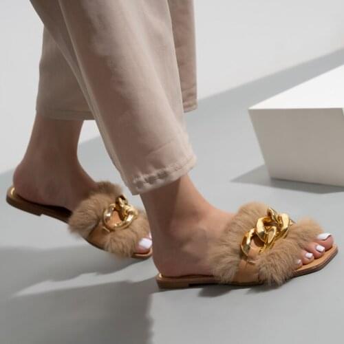 Womens slippers womens plush fashion 2021 summer simplicity chain furry slide flat sandals women