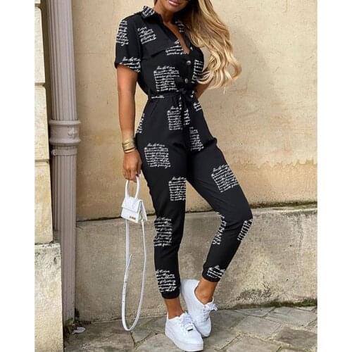 FALL Lapel Printed Belt Overalls Rompers Short Sleeve Skinny High Waist Summer Jumpsuit Women Elegance Casual Streetwear Clothes
