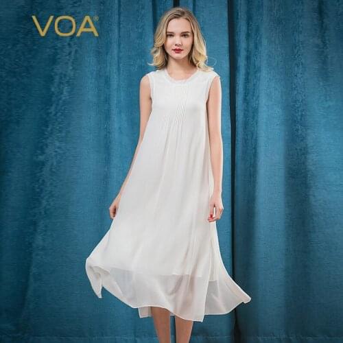 VOA Summer Sleeveless O-neck Pure White Office Silk Dress Loose Brief Solid Casual Plus Size Women Maxi A-line Dress A6976