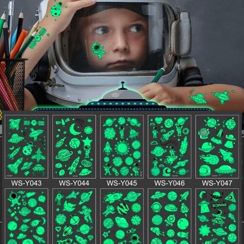 10 kinds Luminous Temporary Tattoos Kids Cartoon Outer Space Body Sticker Waterproof tatouage temporaire Party Disposable Makeup
