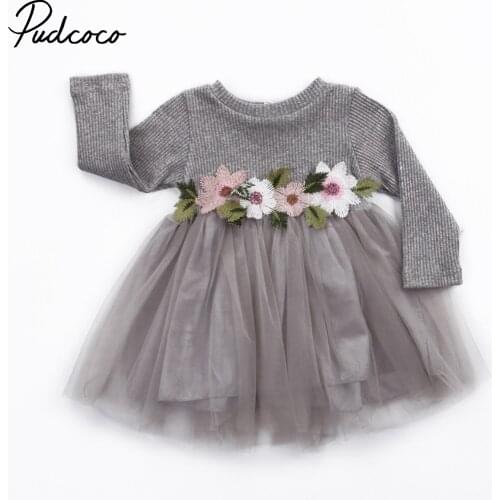 3D Embroidery Floral Knit Tutu Dress Baby Kids Girls Long Sleeve Lace Net Yarn Wedding Birthday Princess Pageant Prom Dresses