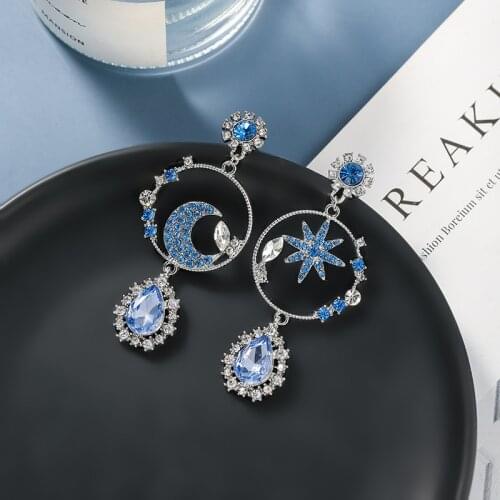 2020 New fine blue Star and Moon Women Earrings long asymmetric geometric Metal circular shiny crystal Vintage Drop earrings