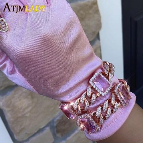 New Fashion Luxury 12mm Iced Out Cuban Link Chain Bracelet For Women Men Rose Gold Color Bling Baguette Pink CZ Bracelet Jewelry