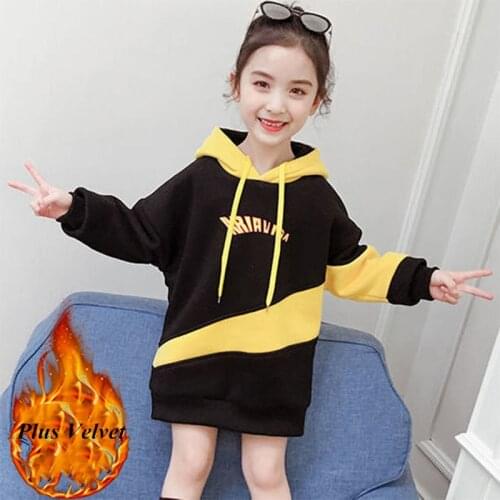 Teen Girl Winter Casual Loose Sweatshirt Long Sleeves Spliced Hooded Thick Warm Kids Girl Harajuku Hoody Shirt Children Clothing