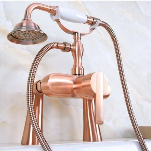 Antique Red Copper Single Handle Deck Mounted Bathroom Bath Tub Faucet Set with 1.5M Hand Held Shower Spray Mixer Tap 2na158