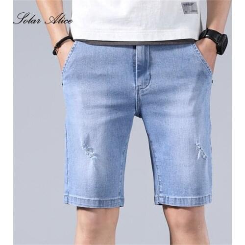 Free Shipping 2021 Mens Summer New Mid-Waist Torn Five-Point Straight Jeans White Stretch Simple Youth Shorts