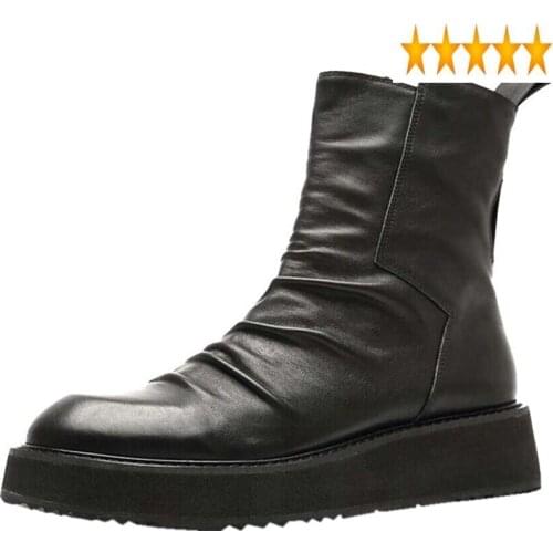Platform Thick Fashion Ankle Men High Top Genuine Leather Motorcycle Round Toe Zipper Military Boots Safety Shoes