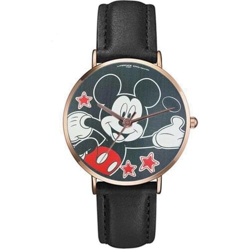 Cartoons Disney Mickey Childrens vintage malachite green watch Large dial leather quartz watch girl boy Clock Reloj Montre