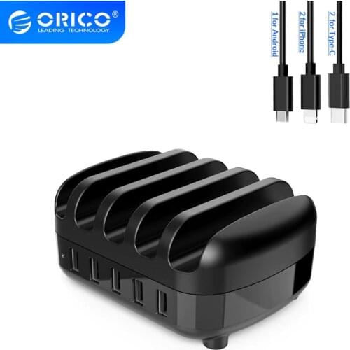 ORICO USB Charger Station Dock with Holder 40W 5V2.4A*5 USB Charging Free USB Cable for iphone iPad Kindle Tablet