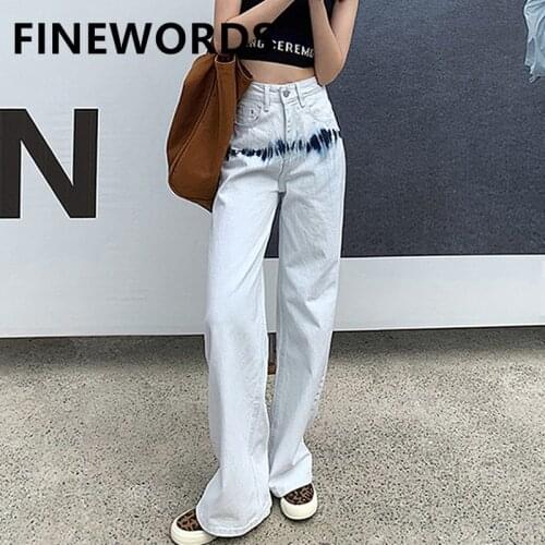 FINEWORDS White Full Length Tie Dyed Women Jeans Loose Korean Streetwear Jeans Korean Casual Vintage Wide Leg Plus Size Jeans
