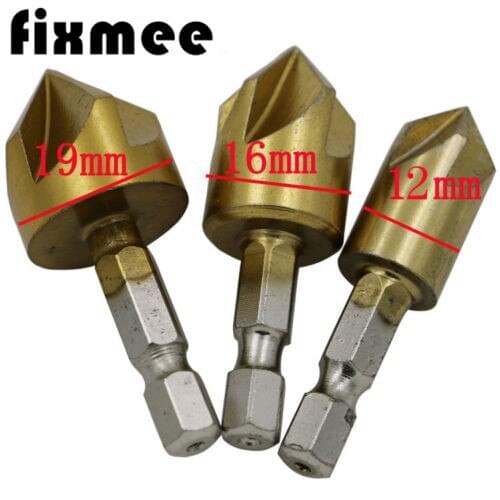 3pc 5 Flute Chamfer Countersink Hex Shank HSS Wood Chamfering Cutter 12mm-19mm Countersink Drill Bits for Metal Woodworking