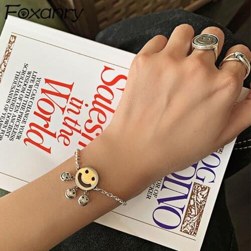 Foxanry 925 Sterling Silver Tassel Bracelets for Women New Fashion Cute Smiley Face Pendant Elegant Wedding Bride Jewelry Gifts