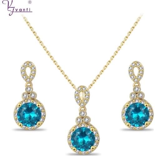 Kfvanfi Zircon Drop Earrings Pendant Necklace Set For Women Blue White Champagne Stone Dangle Earrings Jewelry Sets