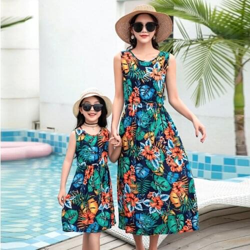 Summer Mother Daughter Beach Dress Floral Printed Cotton Mommy and me clothes baby girl clothes Women Swimsuit mom daughter