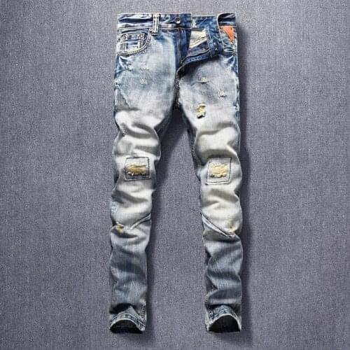 Italian Style Fashion Men Jeans Retro Yellow Blue Destroyed Slim Fit Ripped Jeans Men Patches Designer Hip Hop Denim Punk Pants