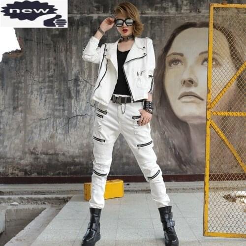 Fashion Women White Denim Two Piece Set Jacket Hole Ripped Zippers Jeans Harem Pants Biker Outfits Slim Fit Coat Streetwear Sets