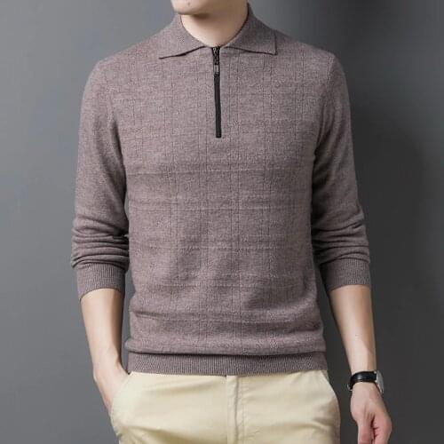 Man Cashmere Zipper Sweater 100% Merino Wool Sweaters Male Turn-Down Collar Jumper Long Sleeve
