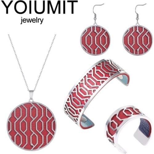 Yoiumit 2020 Stainless Steel Necklace Bracelet Earrings Ring Womens Set Cuff Interchangeable Leather Jewelry Set Womens New Ye