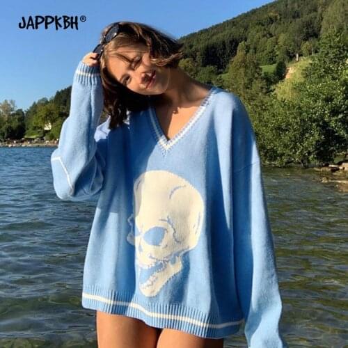Autumn Winter Print V Neck Knitted Jumpers Casual Long Sleeve Harajuku Sweater Women Streetwear Pullover Female 2021 ropa mujer