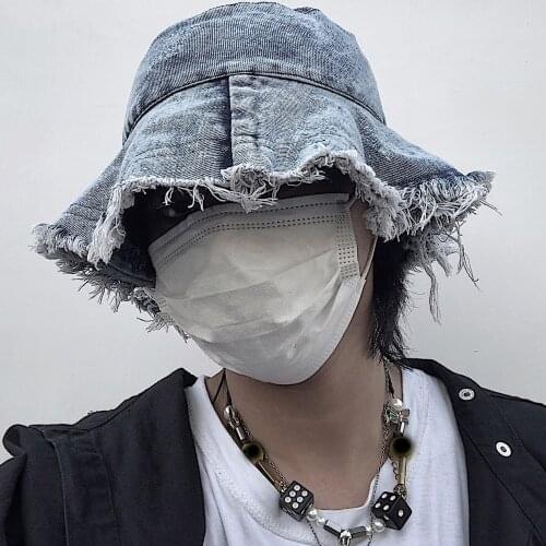 Women Men Streetwear Korean Japanese Fashion Solid Vintage Washed Denim Bucket Hats Ripped Jeans Blue Punk Hip Hop Sun Cap Rap