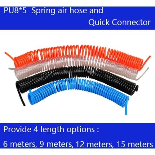 Free shipping PU8*5mm spring air compressor hose and quick detachable connectors, pneumatic hose 6-15M, Air compressor parts
