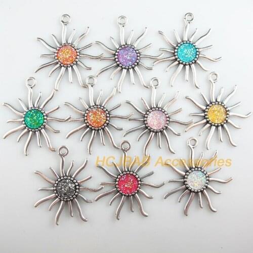 10 New Sun Charms Tibetan Silver Tone Retro Mixed Round Resin Pendants 48x49mm