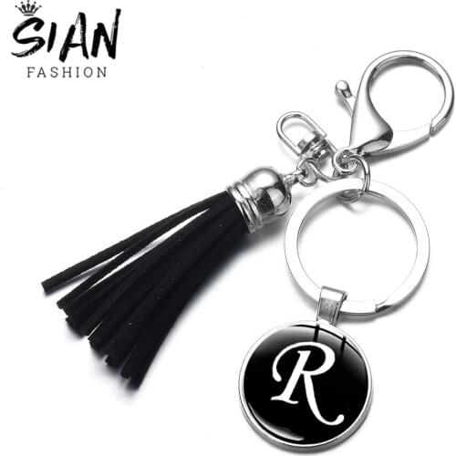 SIAN Simple 26 English Letter Keyring Glass Time Gem Best Gift for Lovers Commemorative Alphabet Keychain Colorful Tassel Charms