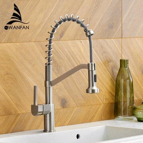 WANFAN Modern Polished Black Brass Kitchen Sink Faucet Pull Out Single Handle Swivel Spout Vessel Sink Mixer Tap 9013SN