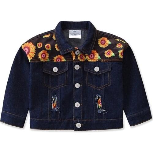 FOCUSNORM 1-6Y Spring Autumn Kids Girls Denim Jacket Outwear Flowers Printed Long Sleeve Single Breasted Coat