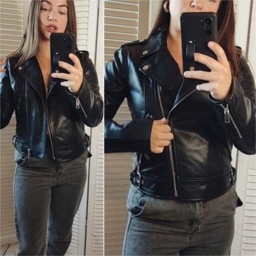 2021 New Autumn Winter Women Black Faux Leather Jacket Fashion Solid Zipper Biker Coat Female